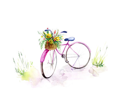 Watercolour painted illustration. Isolation on white pink bicycle with flowers on countryside road with grass. Healthy lifestyle, romantic trip.