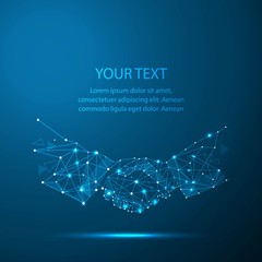 Abstract image handshake in the form of a starry sky or space, consisting of points, lines, and shapes in the form of planets, stars and the universe vector business wireframe concept