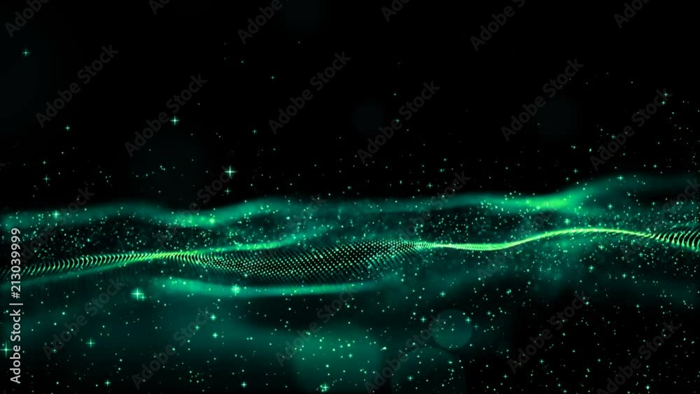 Wall mural hi- tech digital green color wave particles flow motion background