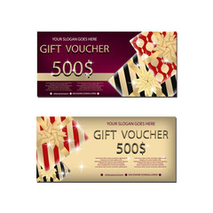 Set of luxury gift vouchers with golden ribbons, bows and gift box. Elegant template for holiday gift card, coupon and certificate