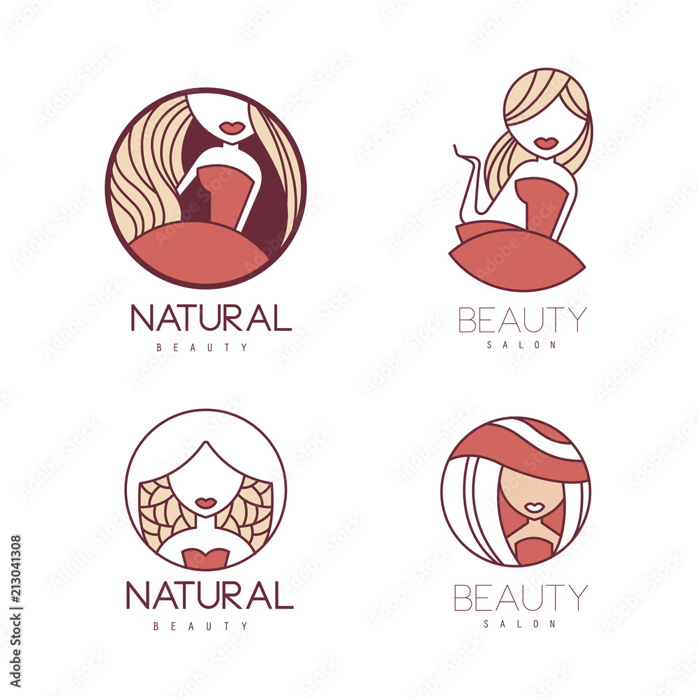 Poster vector set of linear emblems for beauty center or hair salon. creative logos with gentle women silho