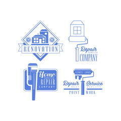 Vector set of monochrome emblems for plumbing and repairing services. Blue logos for home renovation companies