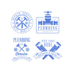 Blue vector emblems for repairing companies. Logos for plumbing and home renovation services with working tools and text