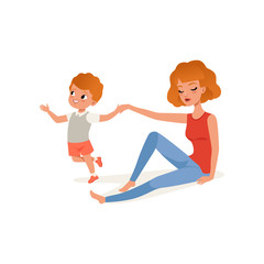 Obraz na płótnie Canvas Tired mother and her son who wants to play, parenting stress concept, relationship between children and parents vector Illustration on a white background