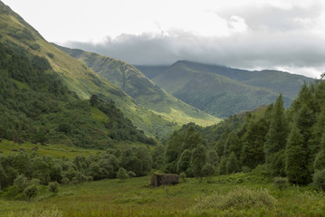 General views towards the Mamores near Water of Nevis and Steall Falls from a walk from Polldubh and Achriabhach in the foot hills of Ben Nevis, Highlands, Scotland