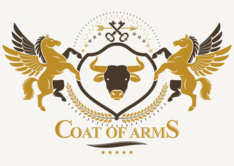 Heraldic Coat of Arms, vintage vector emblem composed using graceful Pegasus and wild bull head illustration. Protection keys.