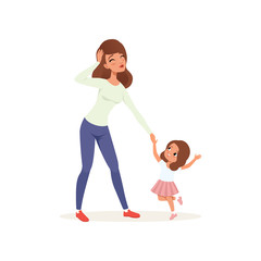 Obraz na płótnie Canvas Tired mother holding hand her naughty daughter, parenting stress concept, relationship between children and parents vector Illustration on a white background