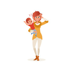 Tired mother with crazy hair holding her screaming son on her hands, parenting stress concept, relationship between children and parents vector Illustration on a white background