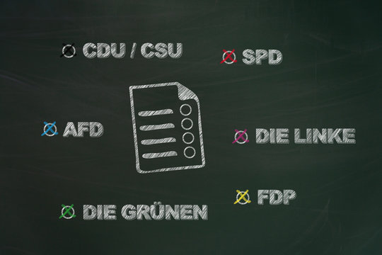 Die dominantesten deutschen Parteien geschrieben mit Kreide auf Tafel und einem gezeichneten Wahlzettel bei Wahl in Deutschland