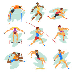 Flat vector set of professional athletes in different actions. Young muscular guys in sportswear. Active people. Olympic sports