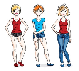 Young beautiful women group standing in stylish casual clothes. Vector characters set. Fashion and lifestyle theme cartoons.