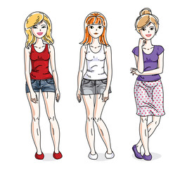 Young beautiful women group standing in stylish casual clothes. Vector characters set.