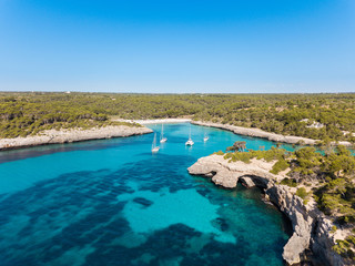 Aerial: The beach of Cala Mondrago in Mallorca, Spain