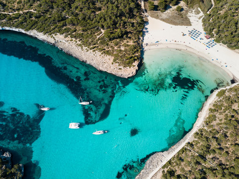Aerial: The beach of Cala Mondrago in Mallorca, Spain