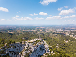Aerial: The Holy Cross on the Saint Salvador mountain in Mallorca, Spain