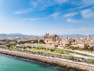 Aerial: Cityscape of Palma de Mallorca, Spain