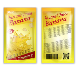 Vector 3d realistic package of instant juice isolated on white background. Yellow banana and slices in splashes of vitamin liquid. Sachet, bag concept for ad poster, banner of product.