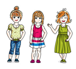 Different cute little girls standing in stylish casual clothes. Vector set of beautiful kids illustrations. Childhood and family lifestyle clip art.
