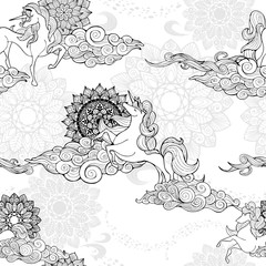 Unicorn and cloud and mandala design for fantasy  Porcelain black and white tone seamless pattern vector