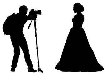 Couple at wedding and photographer on white background