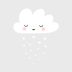 Vector cartoon illustration with cute sleeping cloud and rain of hearts. Scandinavian style nursery art. Valentine's Day card.