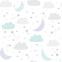 Niedliches Nachthimmel-Vektormuster mit handgezeichneten Sternen, Wolken und Mond. Nahtloser Babyhintergrund.