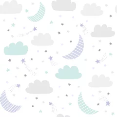 Badkamer foto achterwand Wolken Leuk vectorpatroon van de nachthemel met hand getrokken sterren, wolken en maan. Naadloze babyachtergrond.