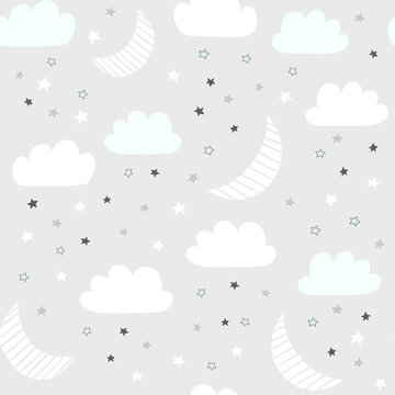 Night sky vector pattern with hand drawn stars, clouds and moon. Seamless baby background. © mgdrachal