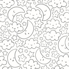 Cute, funny vector pattern with smiling moon, stars and clouds. Hand drawn linear night sky seamless background. 
