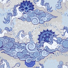 Unicorn and cloud and mandala design for fantasy  Porcelain blue and white tone with  sliver gray background seamless pattern vector