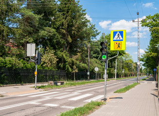 road with pedestrian crossing and traffic signs and traffic lights