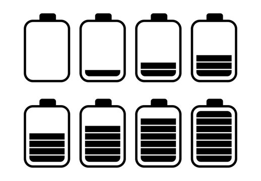 A set of eight batteries with different charge indicators. Vector illustration
