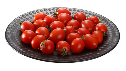 Ripe small tomatoes on a black plate isolated on a white background.