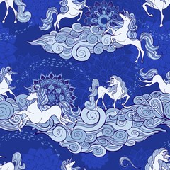 Unicorn and cloud and mandala design for fantasy  Porcelain blue and white tone with blue seamless pattern vector