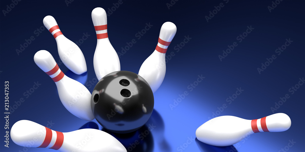 Wall mural bowling ball and pin template. tv size banner. 3d rendering