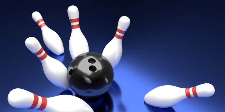Bowling ball and pin template. Tv size banner. 3D rendering