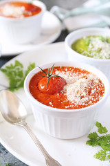 Vegetable appetizer: tomato flan and green pea souffle
