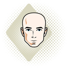 Man face, human head. Vector character, handsome bald male.