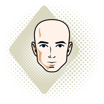 Man face, human head. Vector character, handsome bald male.