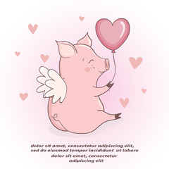 Cute Cupid pig with heart shaped balloon. Valentines day vector card design.