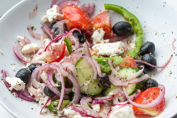Greek Salad in a white bowl