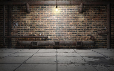 Old grunge basement room with rust pipes. 3d rendering - obrazy, fototapety, plakaty