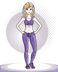 Young beautiful blonde slim woman adult standing. Vector illustration of nice lady wearing leggings and short shirt. Work out and training theme.