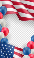 USA country patriotic vertical flyer with space for text. Realistic waving american flag and air balloons on transparent background. Independence and freedom, democracy and patriotism vector banner