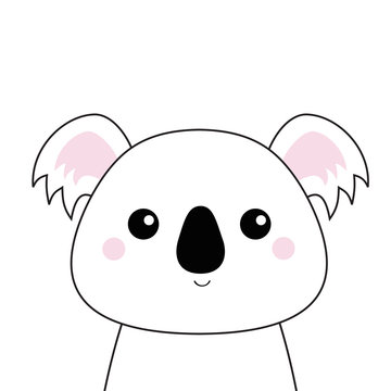 White koala face . Black contour silhouette. Kawaii animal. Cute cartoon bear character. Funny baby with eyes, nose, ears. Love Greeting card. Flat design. White background Isolated.