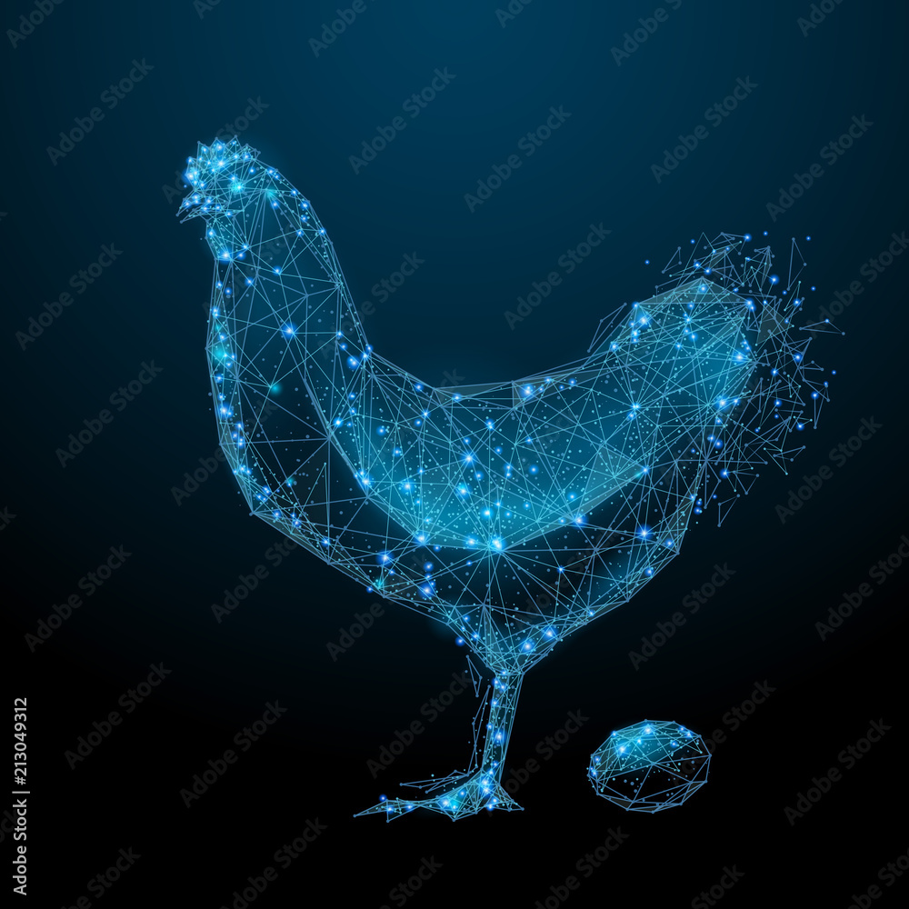 Poster Chicken and egg. Low poly wireframe. Vector polygonal image in the form of a starry sky or space, consisting of points, lines, and shapes in the form of stars with destruct shapes.