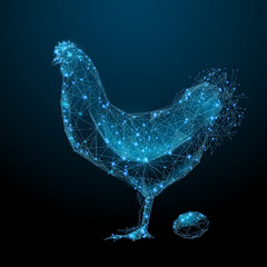 Chicken and egg. Low poly wireframe. Vector polygonal image in the form of a starry sky or space, consisting of points, lines, and shapes in the form of stars with destruct shapes.