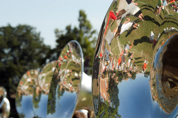 Marching band rehearsal mirrored in sousaphone, Stillwater, Oklahoma