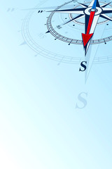 Compass south background illustration. Arrow points to the south. Compass on a blue background. Compass illustrations can be used as background. Flat background with copy space place.