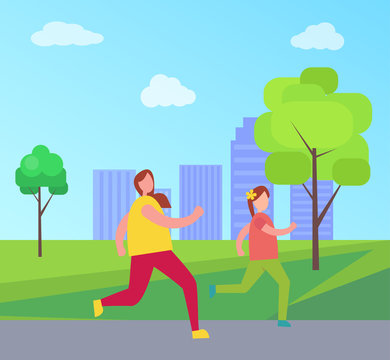 Mom and Daughter Jogging, Vector Illustration